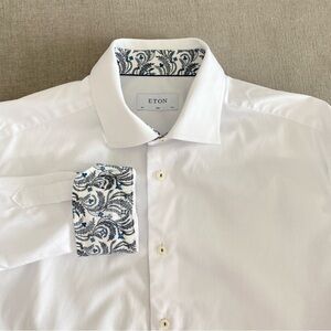 Eton Slim Fit White Signature Twill Dress Shirt w/ Floral Trim Size 44/17.5